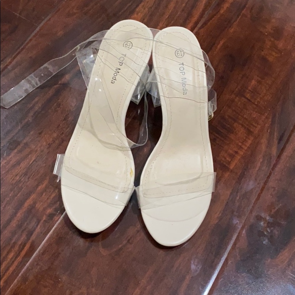 Clear lucite ankle strap block heels